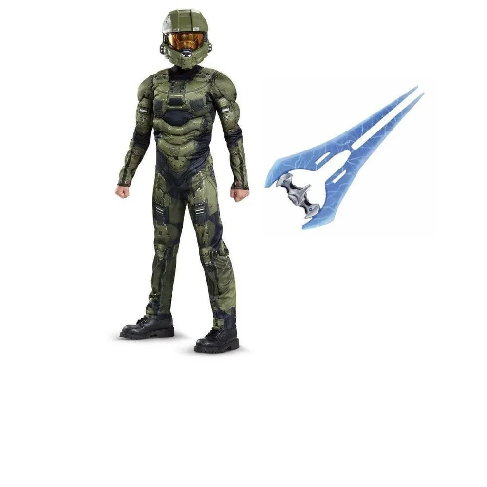 XBOX Halo & Sword Halloween Costume 4/6 Master Chief Muscle Jumpsuit 3 Pc Boys